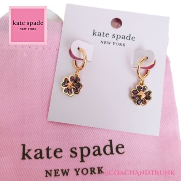 KATE SPADE Gold Spades & Studs Glitter Open Hoop Earrings W/KS Pink Dust Bag NWT - Picture 1 of 8